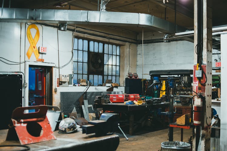 Tools and workbenches inside a small workshop